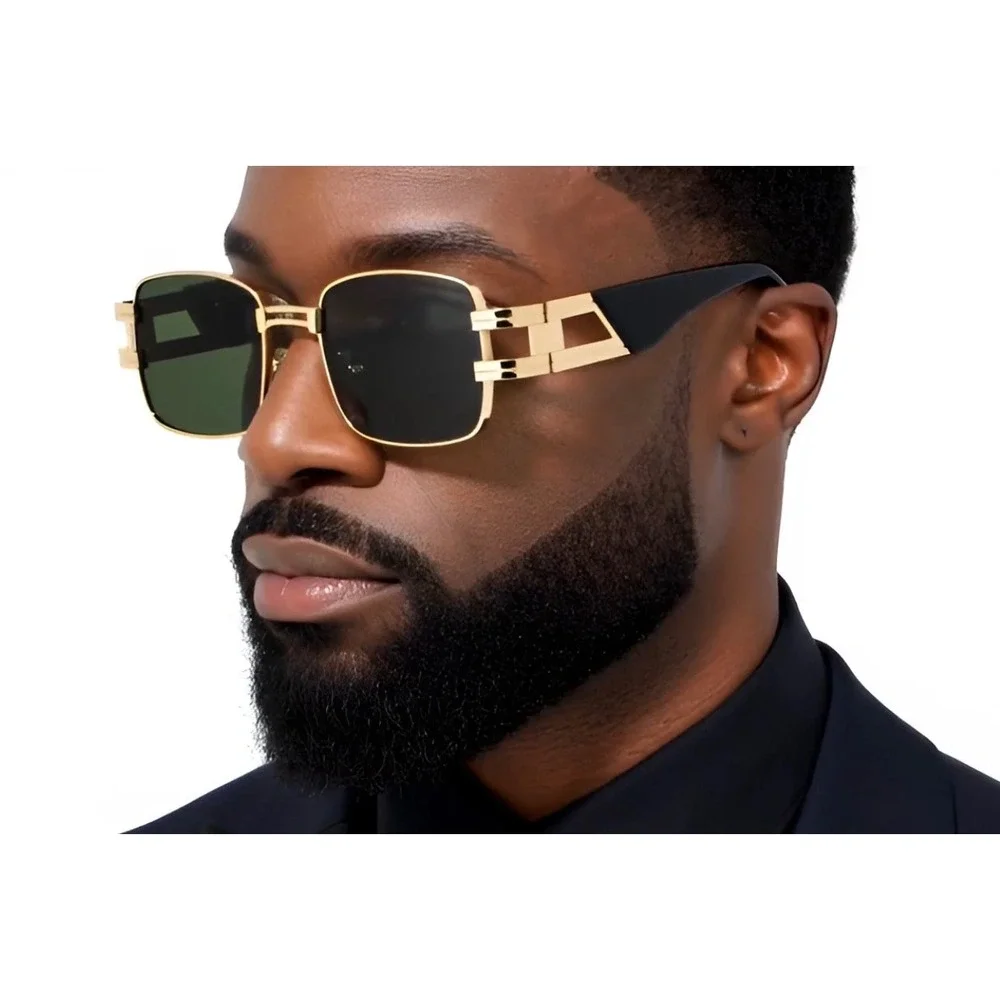 Mens Gold Square Sunglasses Black Frame‎ Green Lens Retro Luxury Hip Hop Migos
